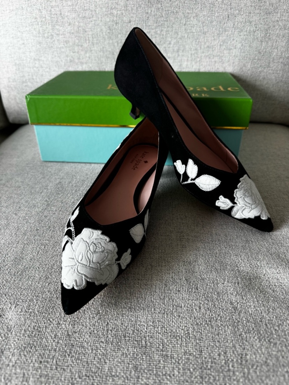 kate spade Black Pointed-Toe kitten heels with White Floral Embroidery
